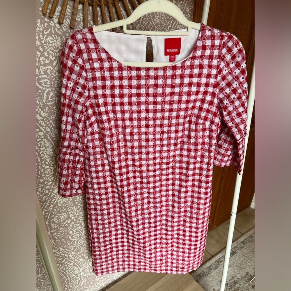 Melrose Red White Gingham Eyelet Mini Dress with Bell Sleeves Keyhole in Petite‎